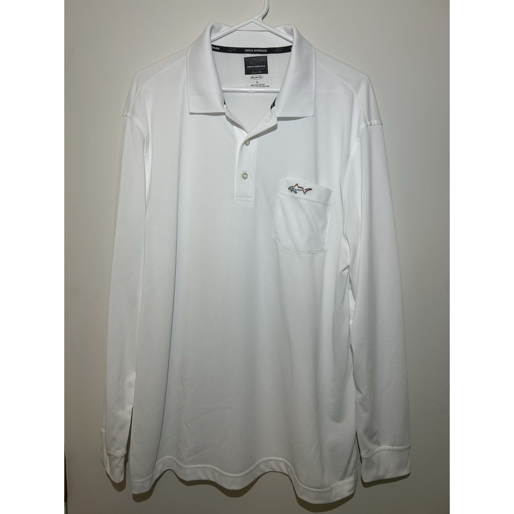 Greg Norman White Rugby Solid Polo Shirt Long Sleeve Polyester Pocket Mens L